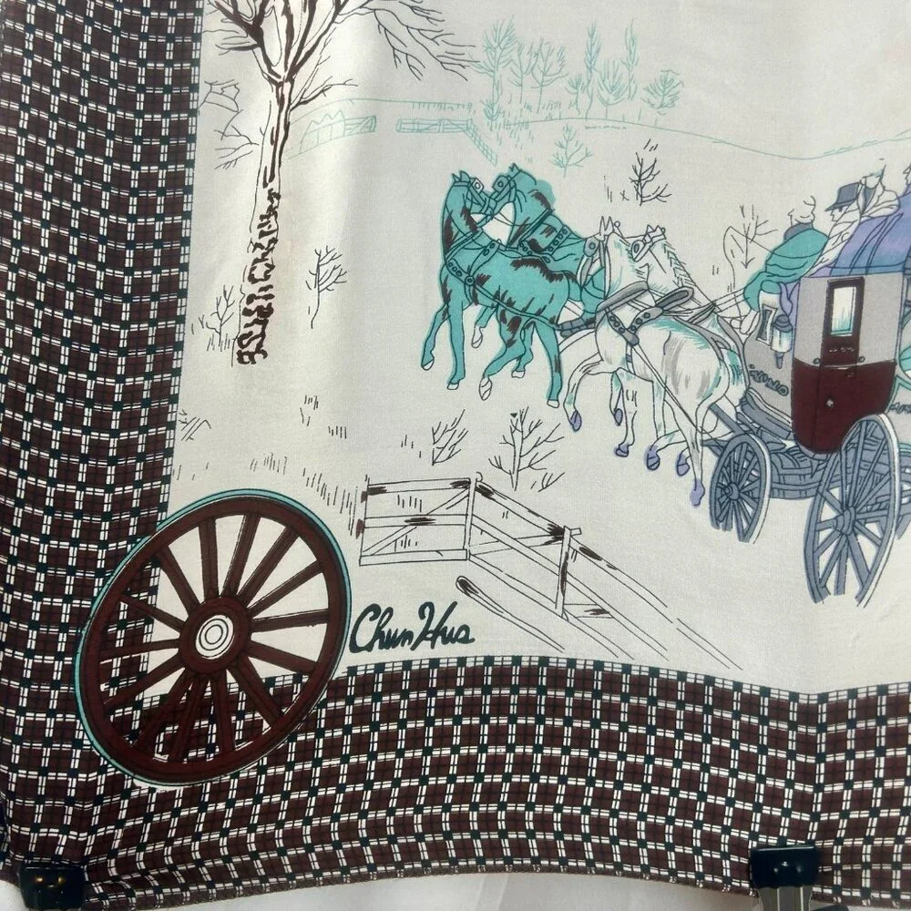 Vintage Chun‎ Hua Silk Scarf Women Square Horse Carriage Equestrian England Pub